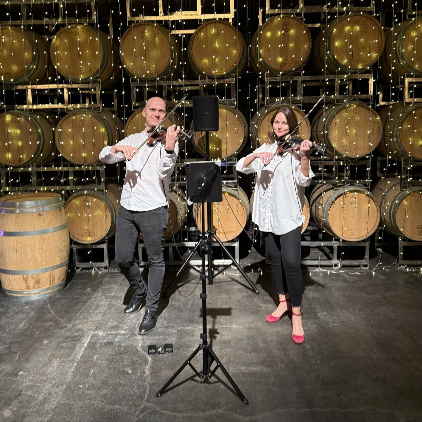 The duo performing in a winery barrel room